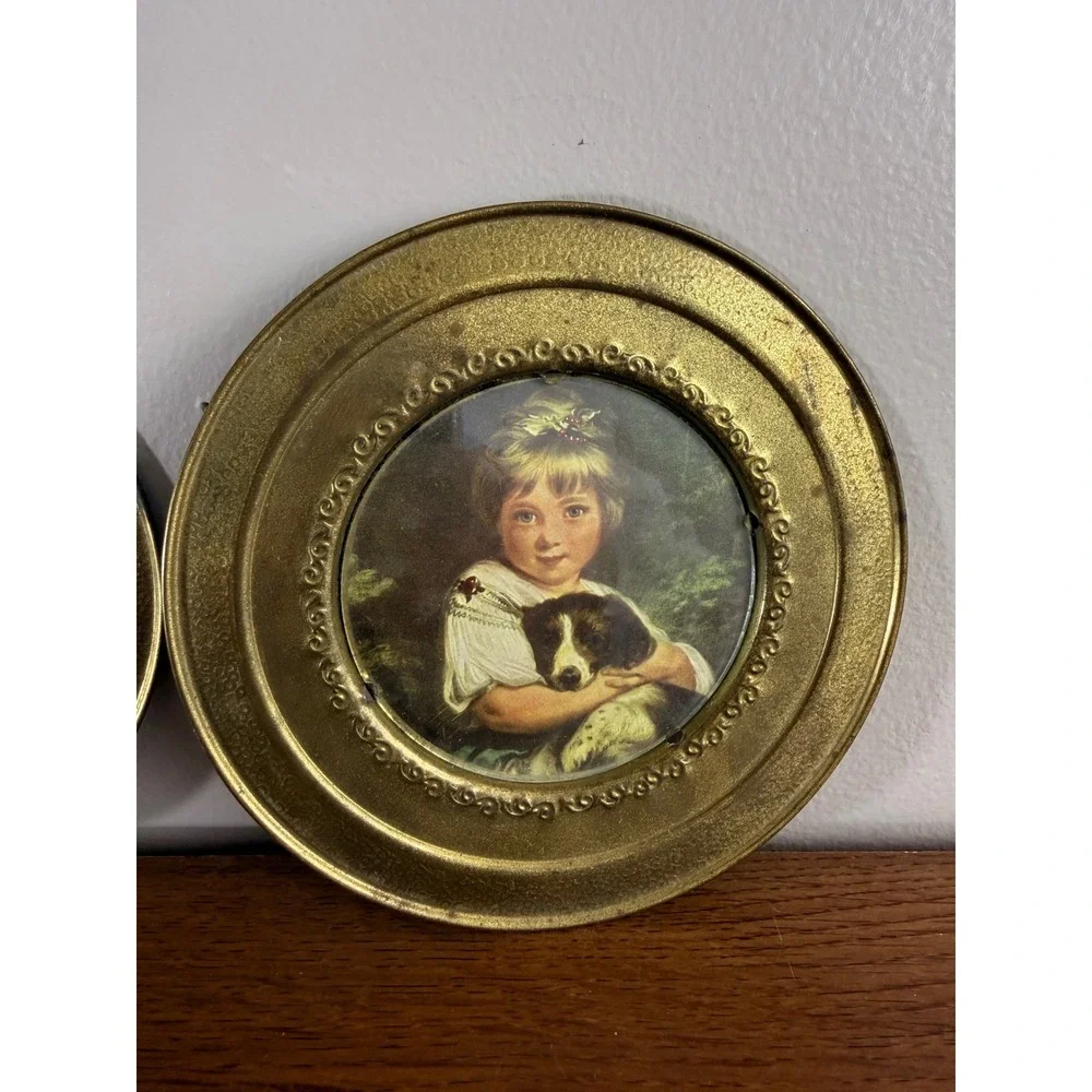 Vintage Brass Portrait Wall Art Set 2 Miss Bowles Red Boy England Victorian